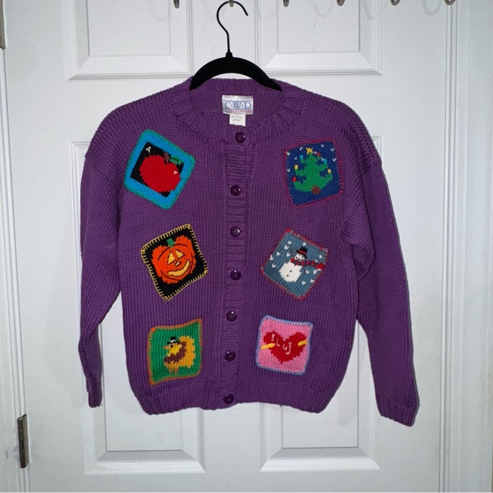 CWD Kids Purple Cotton Knit Cardigan Holiday Seasonal Patches Sweater Size 10/12